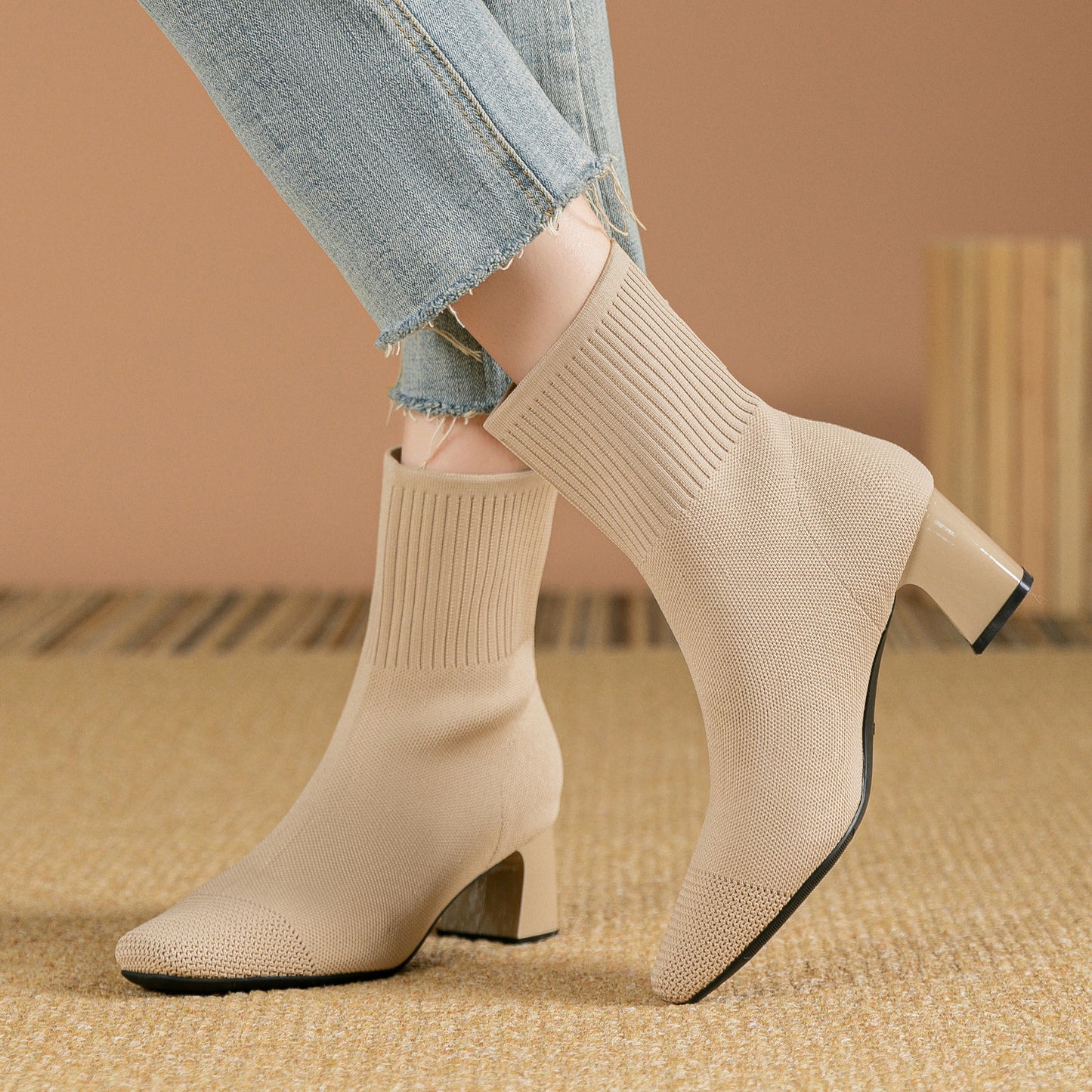 Bottines Chaussettes à Talon Carré Élégantes en Maille Stretch
