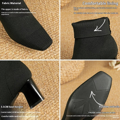 Bottines Chaussettes à Talon Carré Élégantes en Maille Stretch