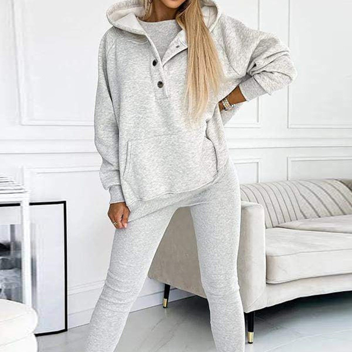 Ensemble Casual Chic Sweat Oversize à Boutons & Legging Ajusté