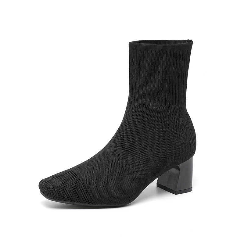 Bottines Chaussettes à Talon Carré Élégantes en Maille Stretch