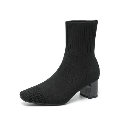 Bottines Chaussettes à Talon Carré Élégantes en Maille Stretch