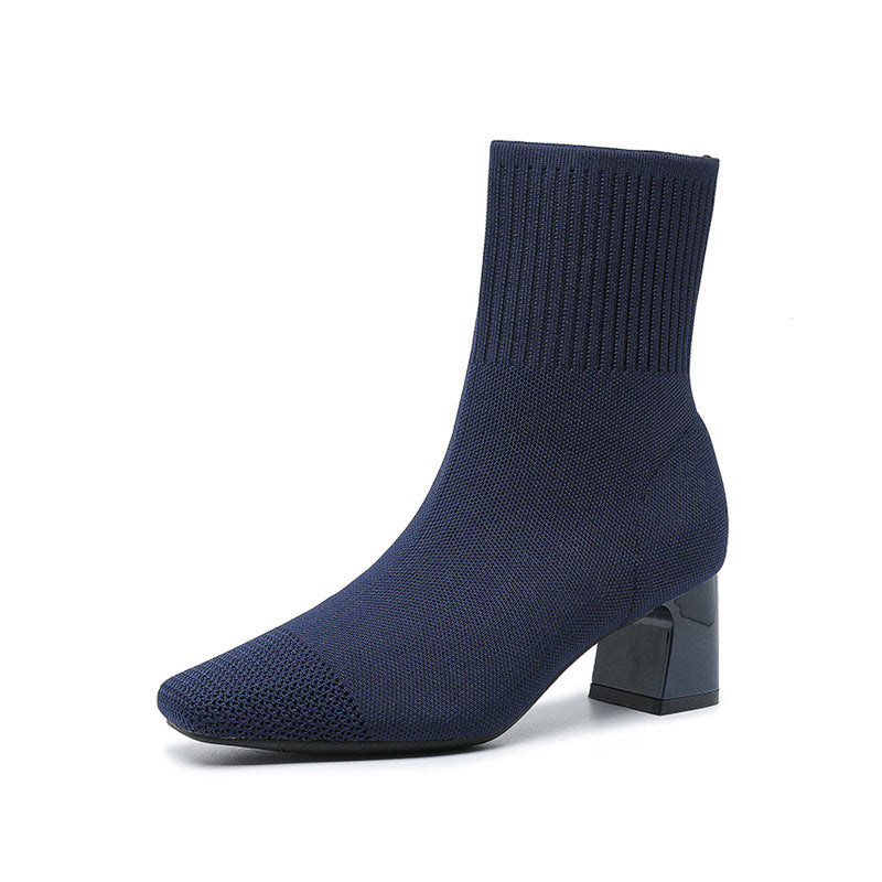 Bottines Chaussettes à Talon Carré Élégantes en Maille Stretch