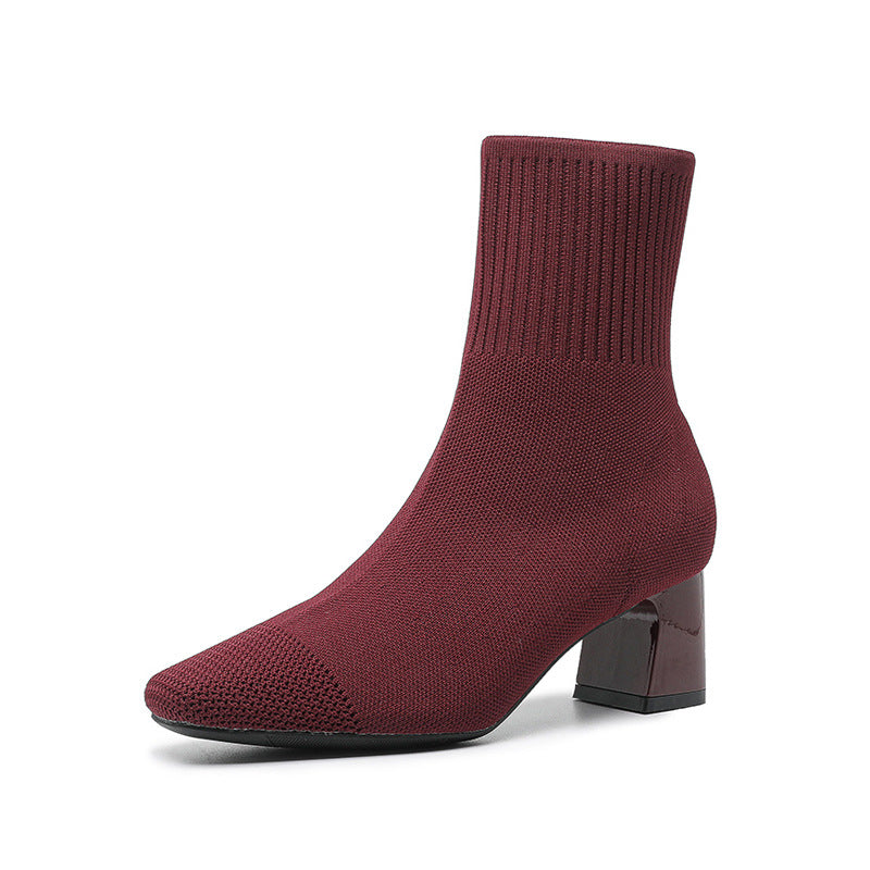Bottines Chaussettes à Talon Carré Élégantes en Maille Stretch
