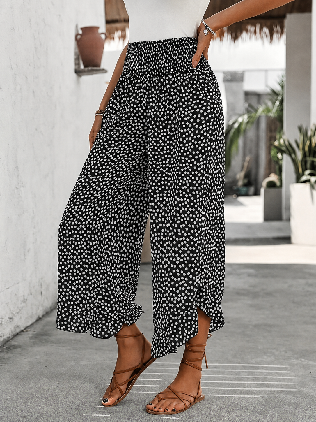 Pantalon Palazzo Fluide à Motif Pois