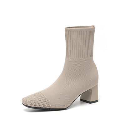 Bottines Chaussettes à Talon Carré Élégantes en Maille Stretch
