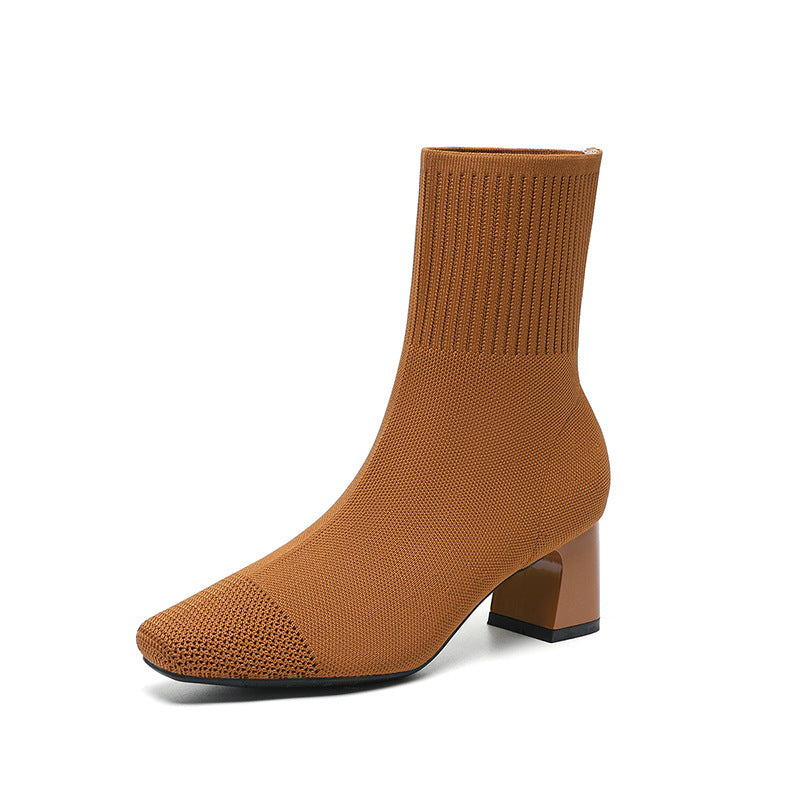 Bottines Chaussettes à Talon Carré Élégantes en Maille Stretch