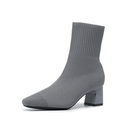 Bottines Chaussettes à Talon Carré Élégantes en Maille Stretch